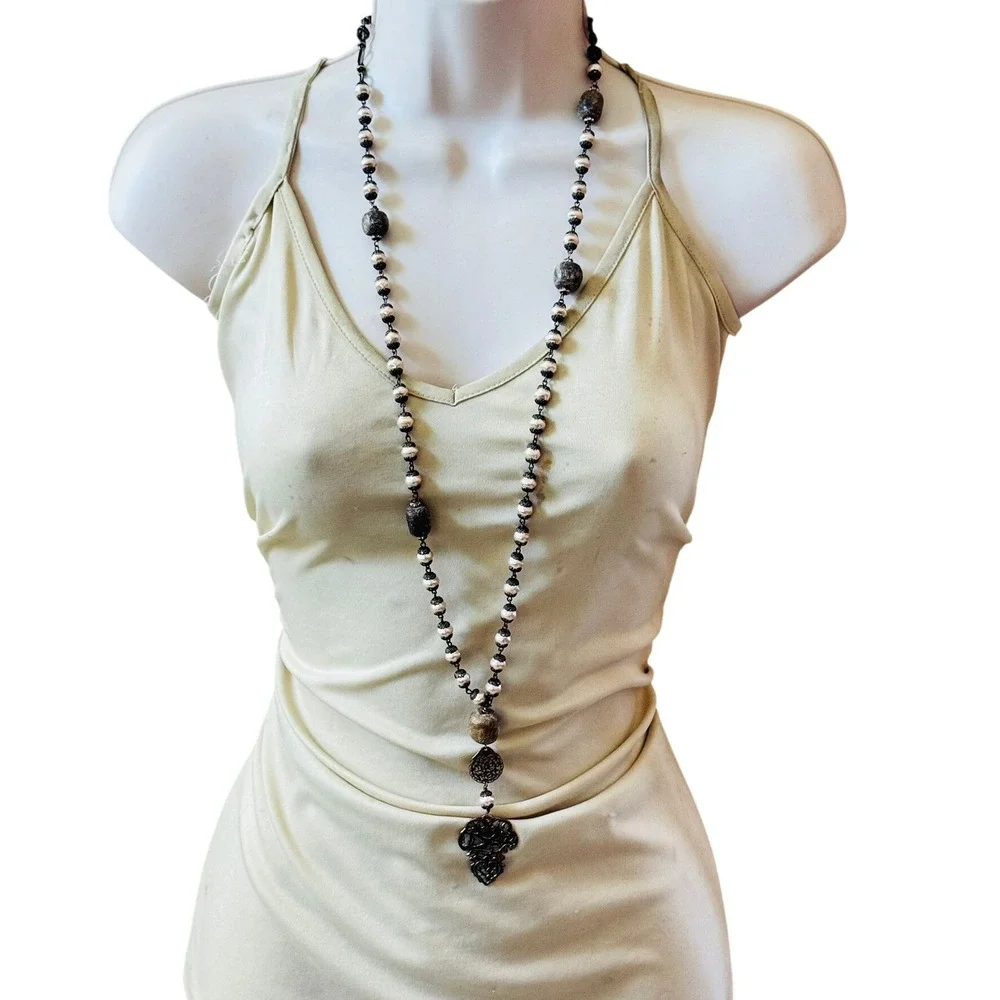 Regency style Baroque pearl Bird Necklace VTG‎ long beaded filigree bronze 35